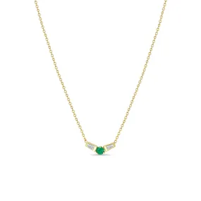 14k Emerald & Angled Tapered Baguette Diamonds Necklace