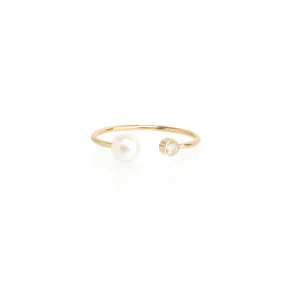 14k Pearl & Diamond Bezel Open Ring