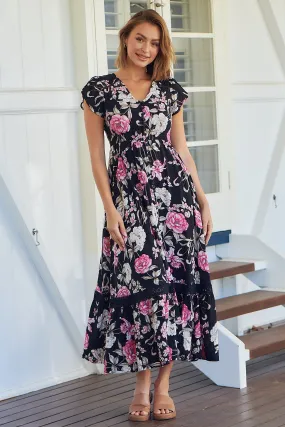 Augustina Black/Pink Floral Button Front Maxi Dress