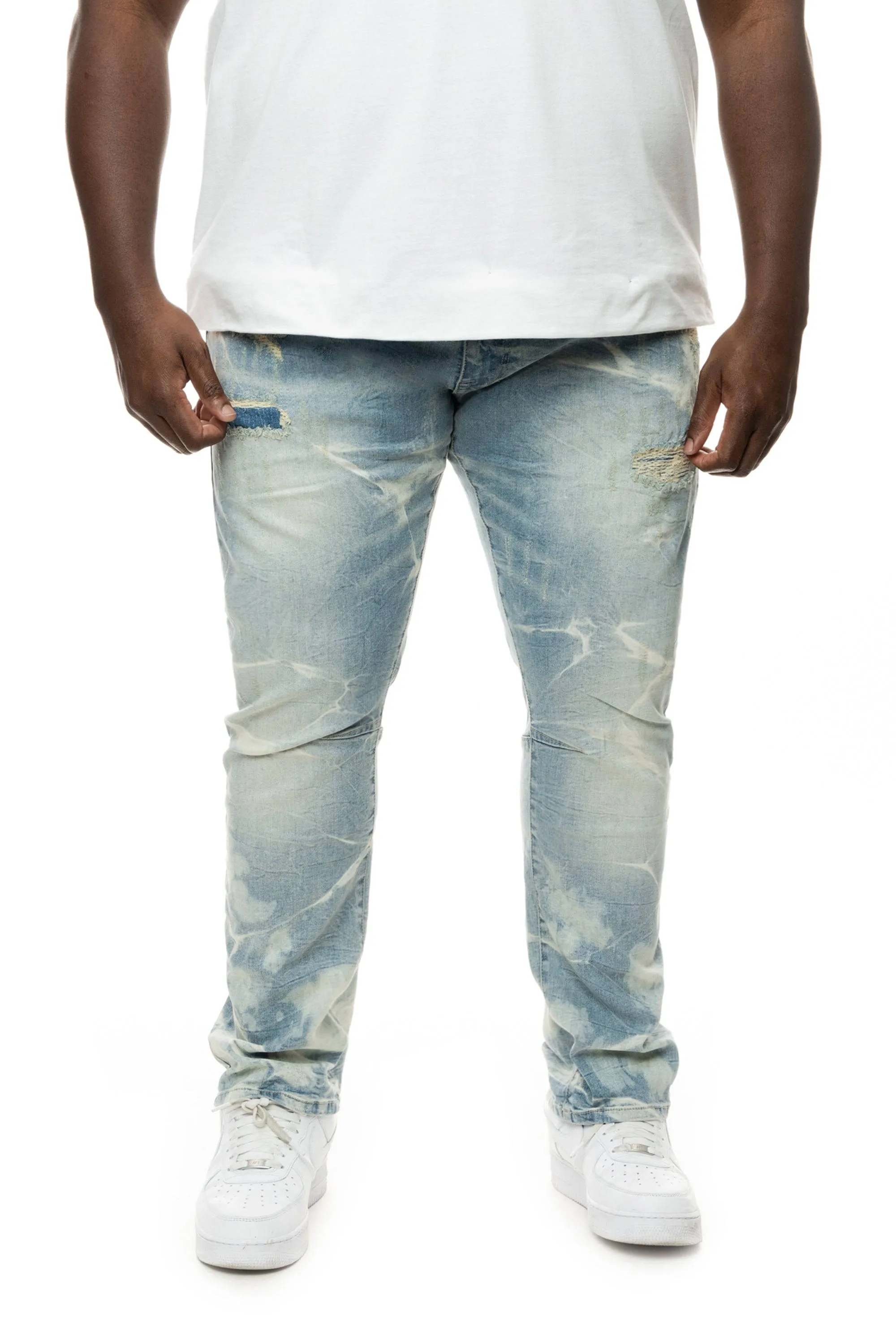 Big and Tall - Rip & Repaired Lightning Washed Denim Jeans - Bergen Blue