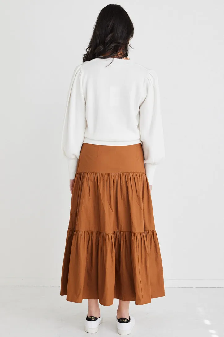 Blazing Toffee Cotton Tiered Midi Skirt