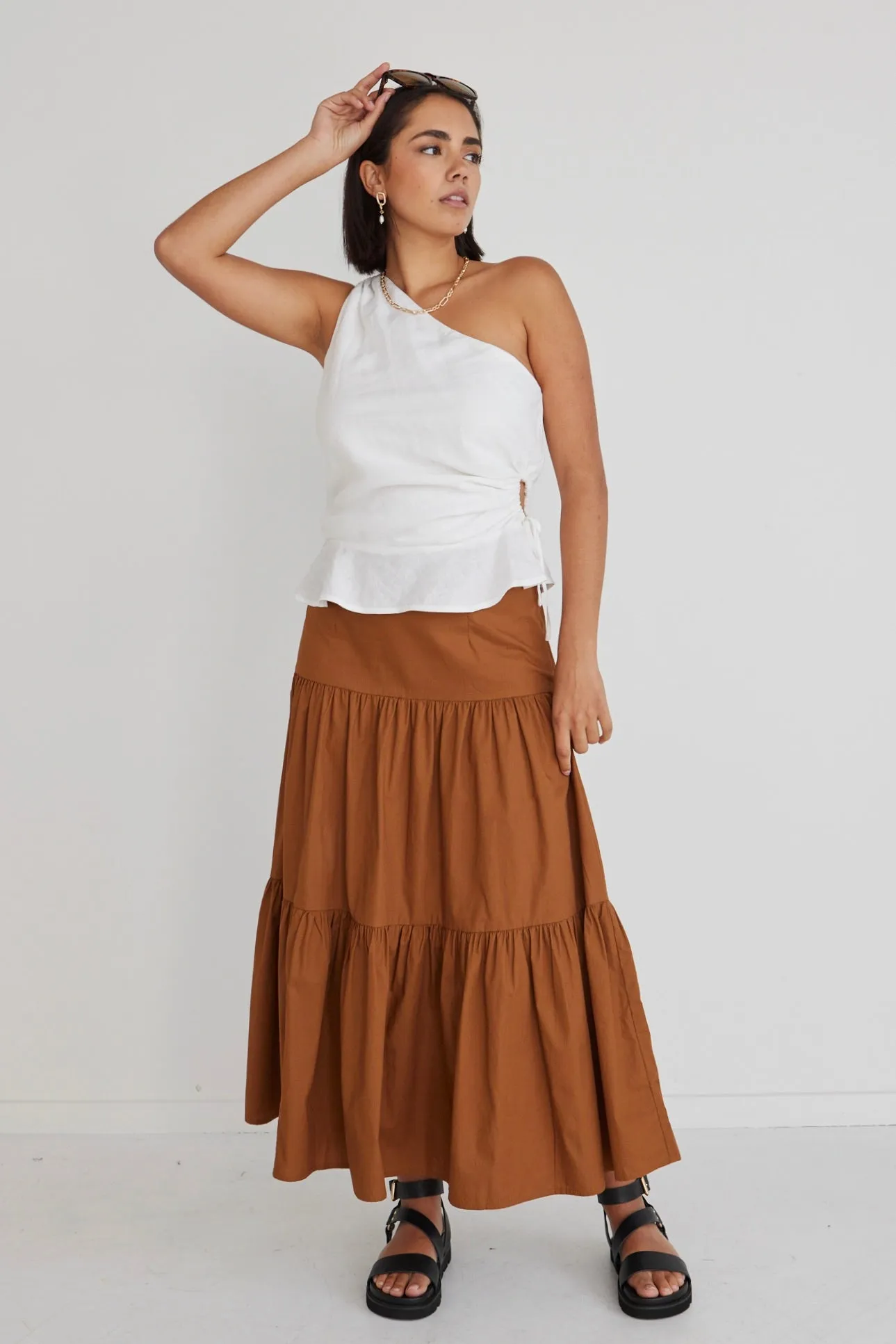 Blazing Toffee Cotton Tiered Midi Skirt