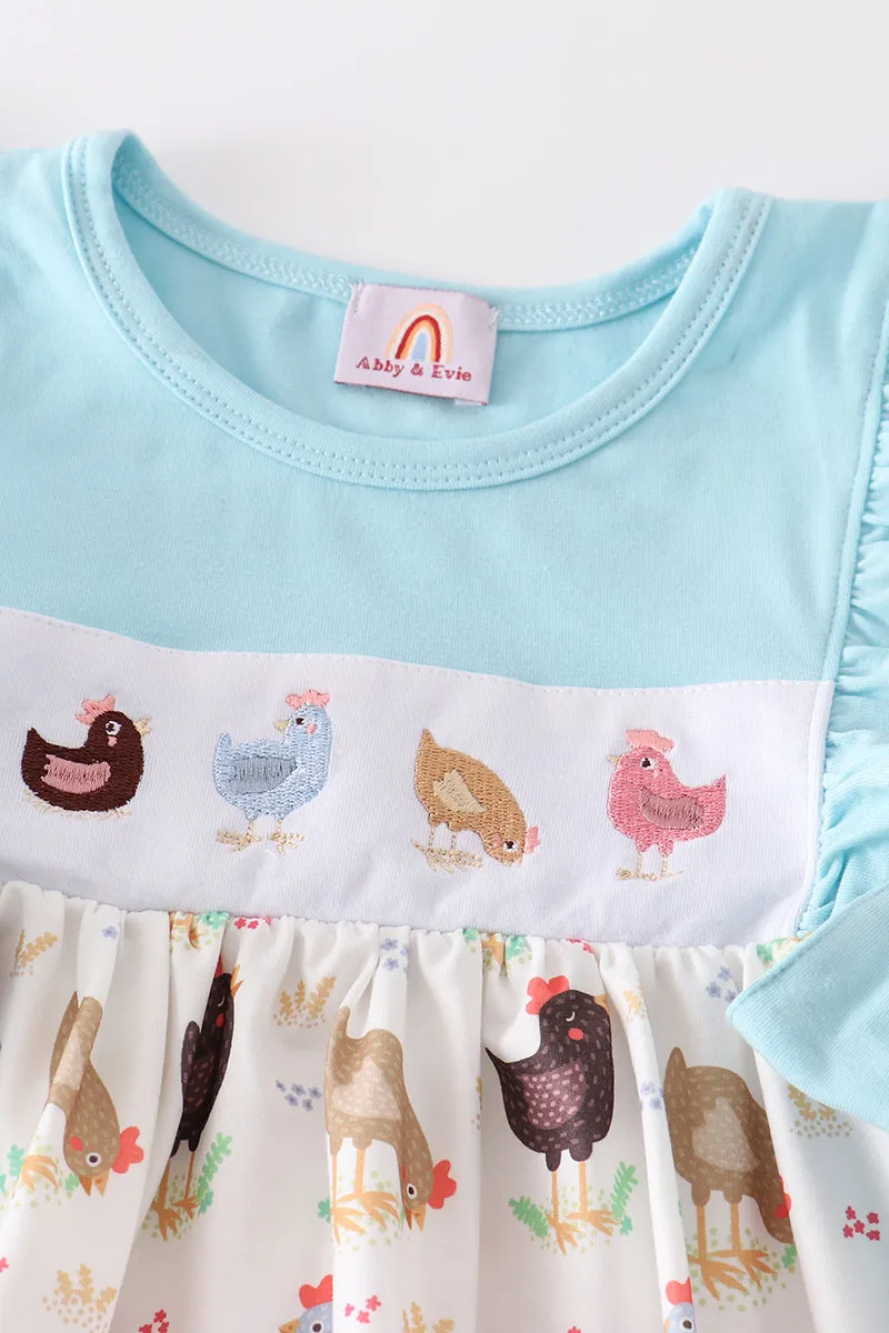 Blue chicken embroidery ruffle girl set