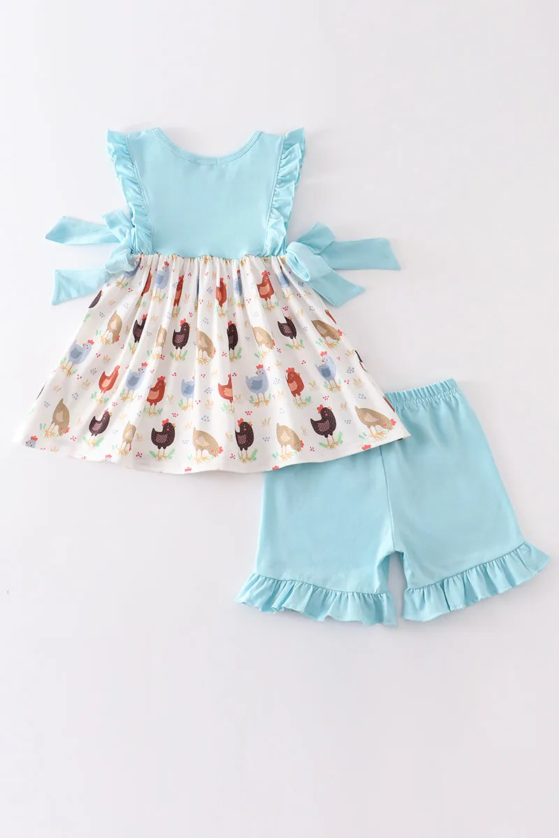 Blue chicken embroidery ruffle girl set