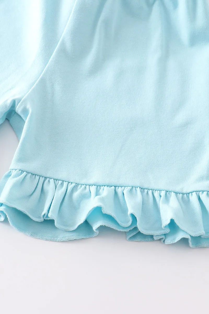 Blue chicken embroidery ruffle girl set