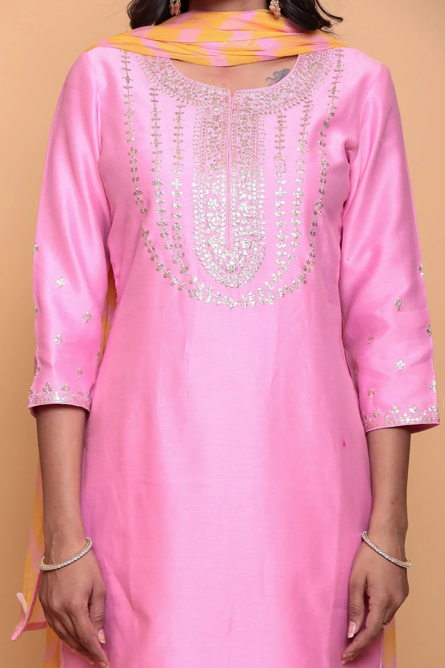 Cotton silk Kurta with Pittan work.