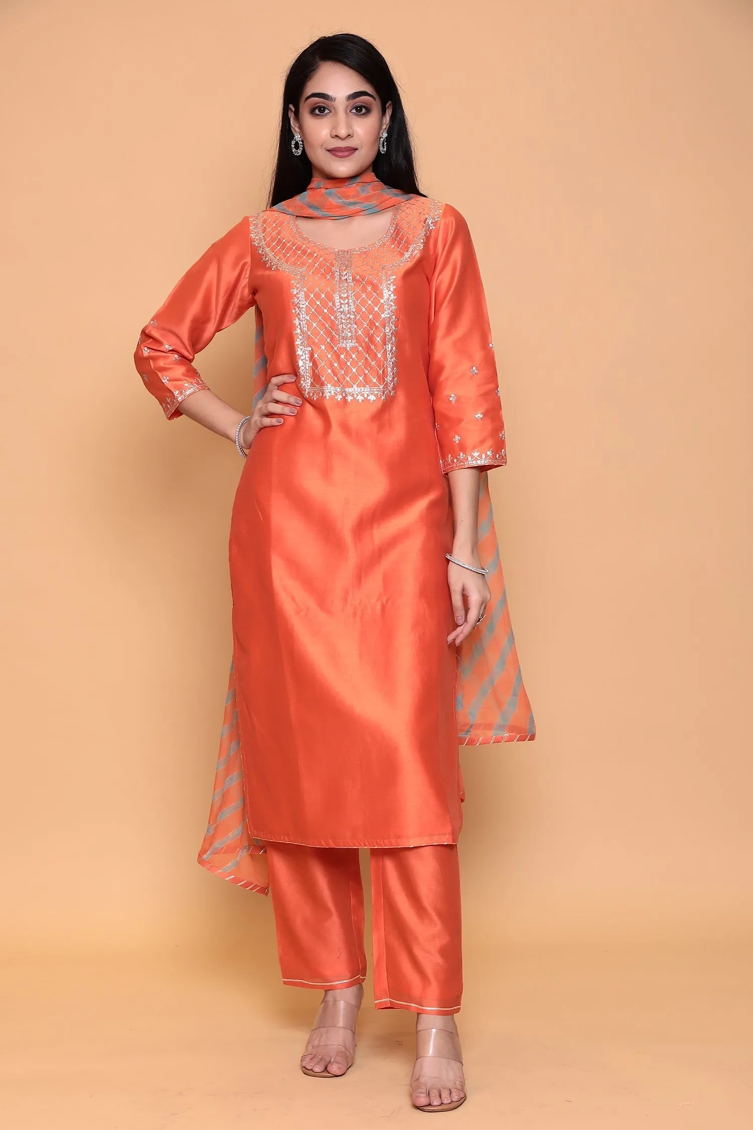 Cotton silk Suit with Pittan work.