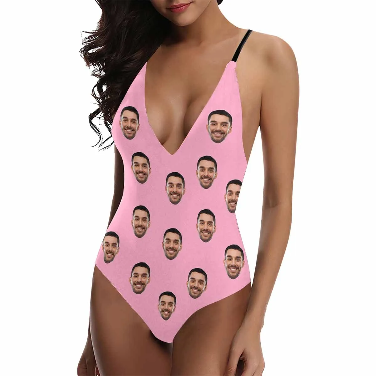 Custom Husband Face Multicolor Women's Lacing Backless One Piece Swimsuit