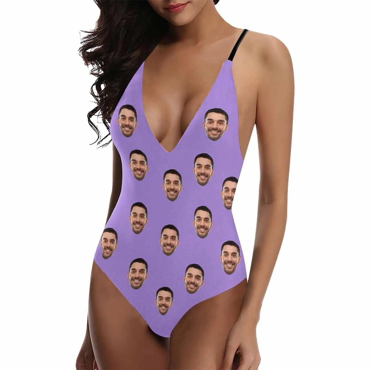 Custom Husband Face Multicolor Women's Lacing Backless One Piece Swimsuit