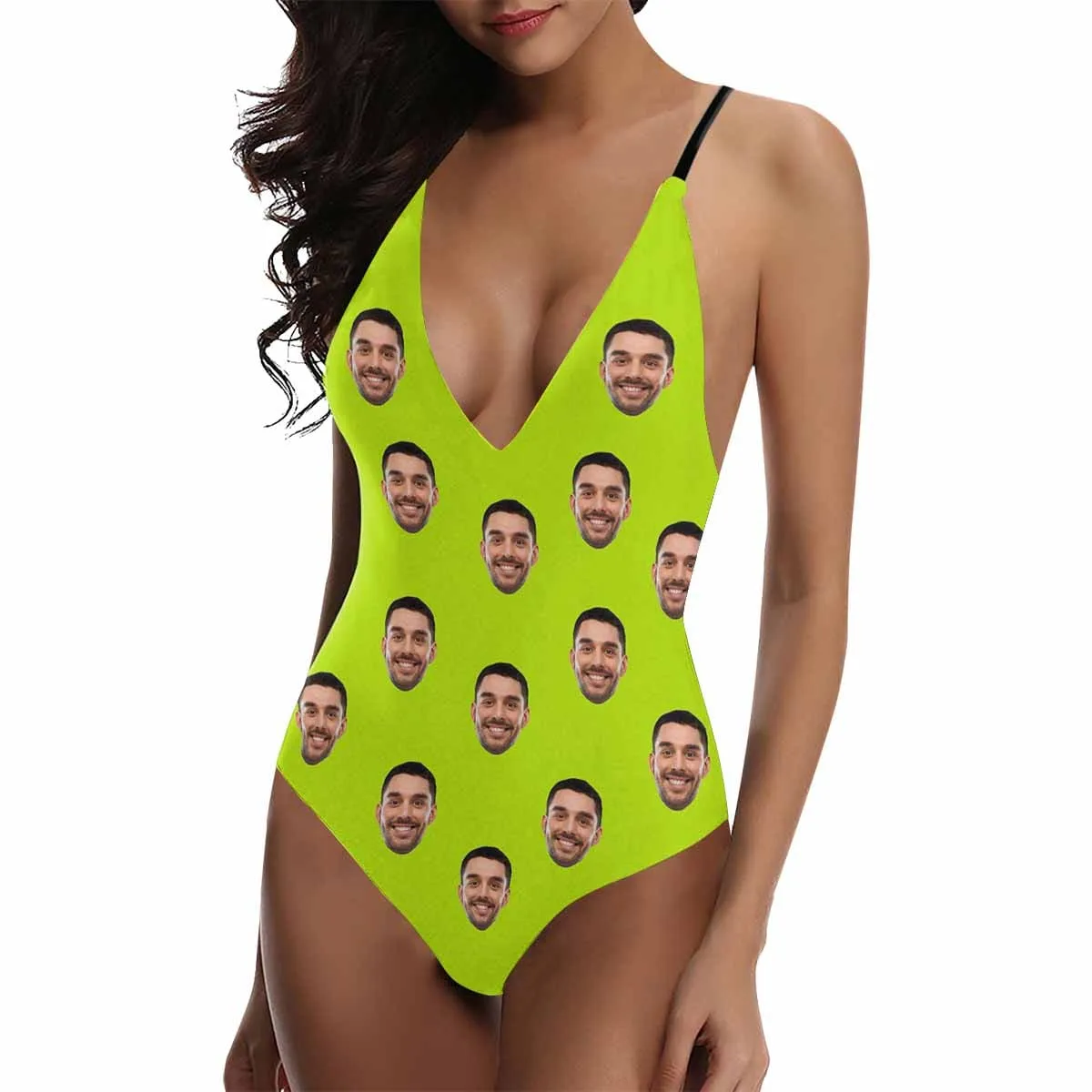 Custom Husband Face Multicolor Women's Lacing Backless One Piece Swimsuit