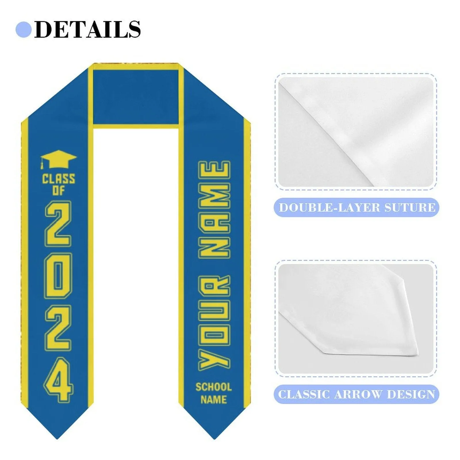 Custom Name Blue Graduation Stoles Sash Class of 2024 Graduation Gift