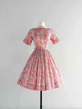 Darling 1950's Coral & Grey Floral Print Day Dress  / Sz S