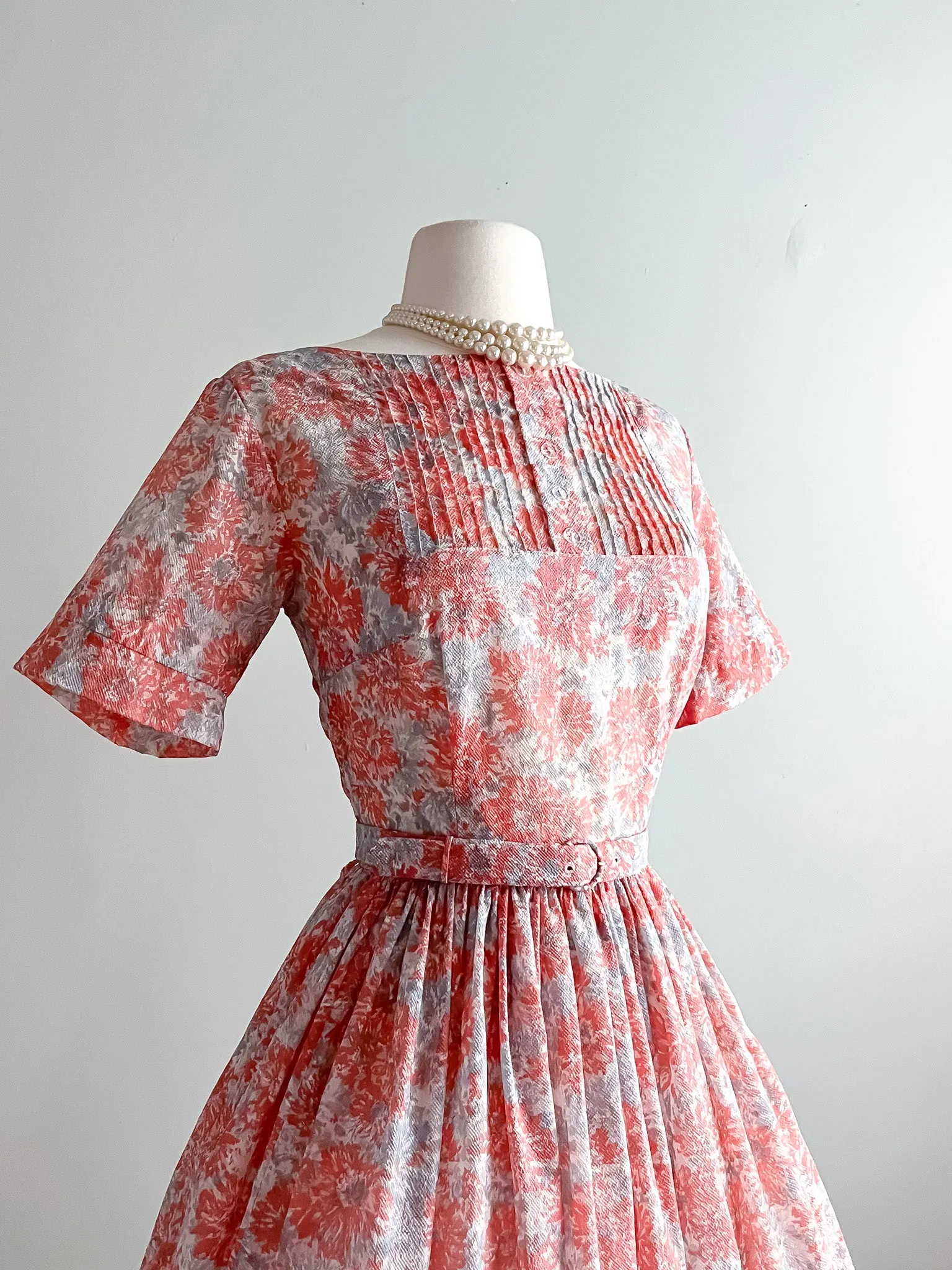 Darling 1950's Coral & Grey Floral Print Day Dress  / Sz S