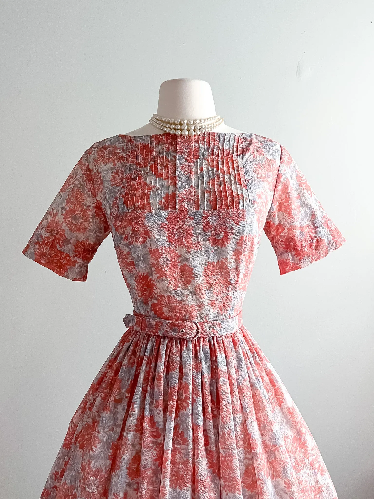 Darling 1950's Coral & Grey Floral Print Day Dress  / Sz S