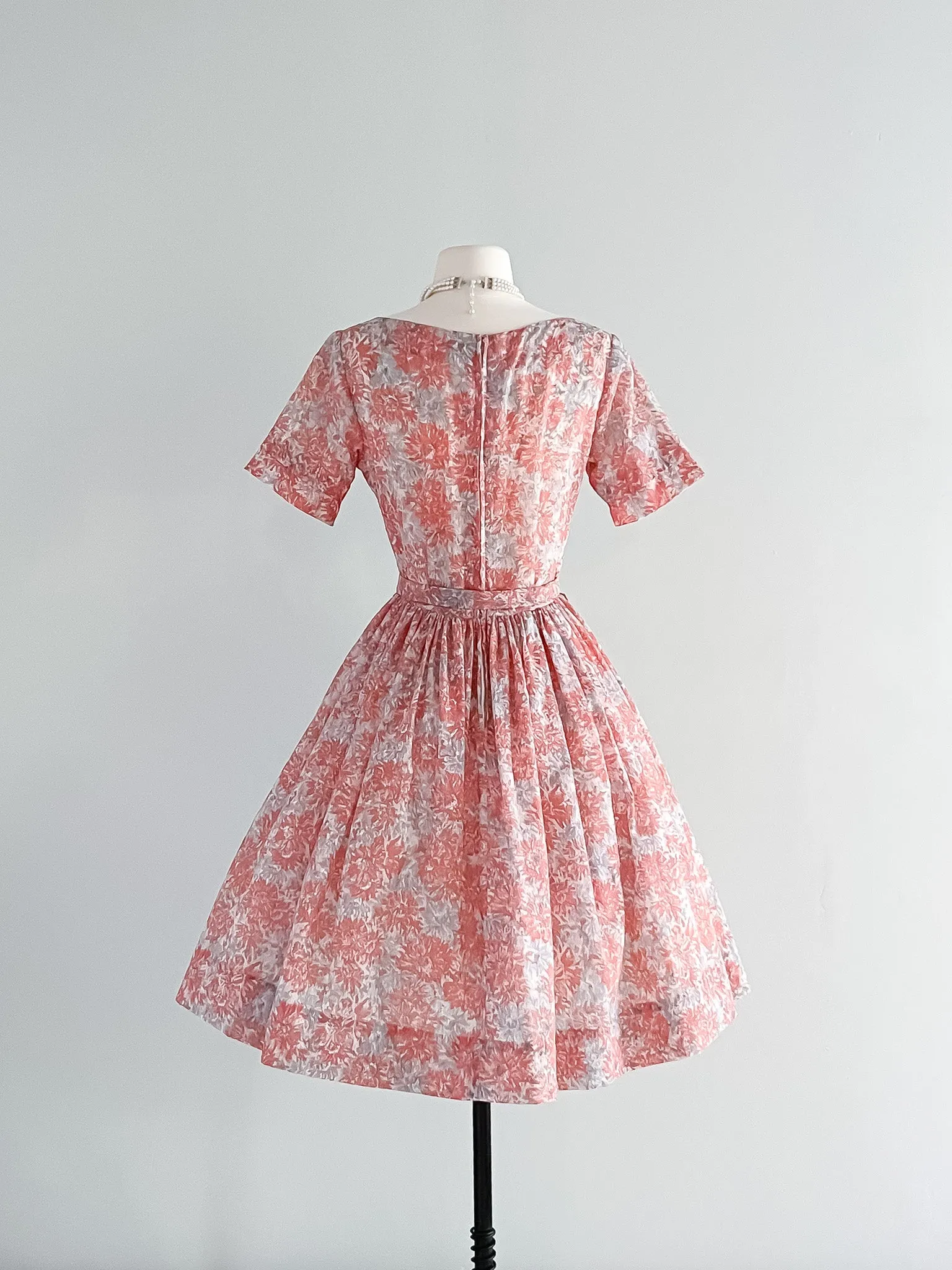 Darling 1950's Coral & Grey Floral Print Day Dress  / Sz S