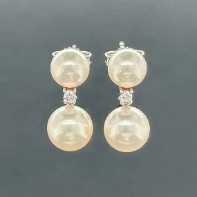 Estate 14K W Gold Akoya Pearl & 0.05ctw H/SI1 Diamond Drop Earrings