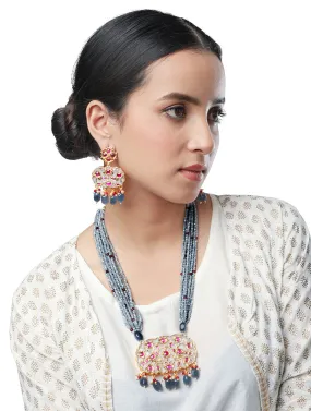 Golden, Beige, Cherry and Blush Blue Hand-Paint meena earrings with Onyx.