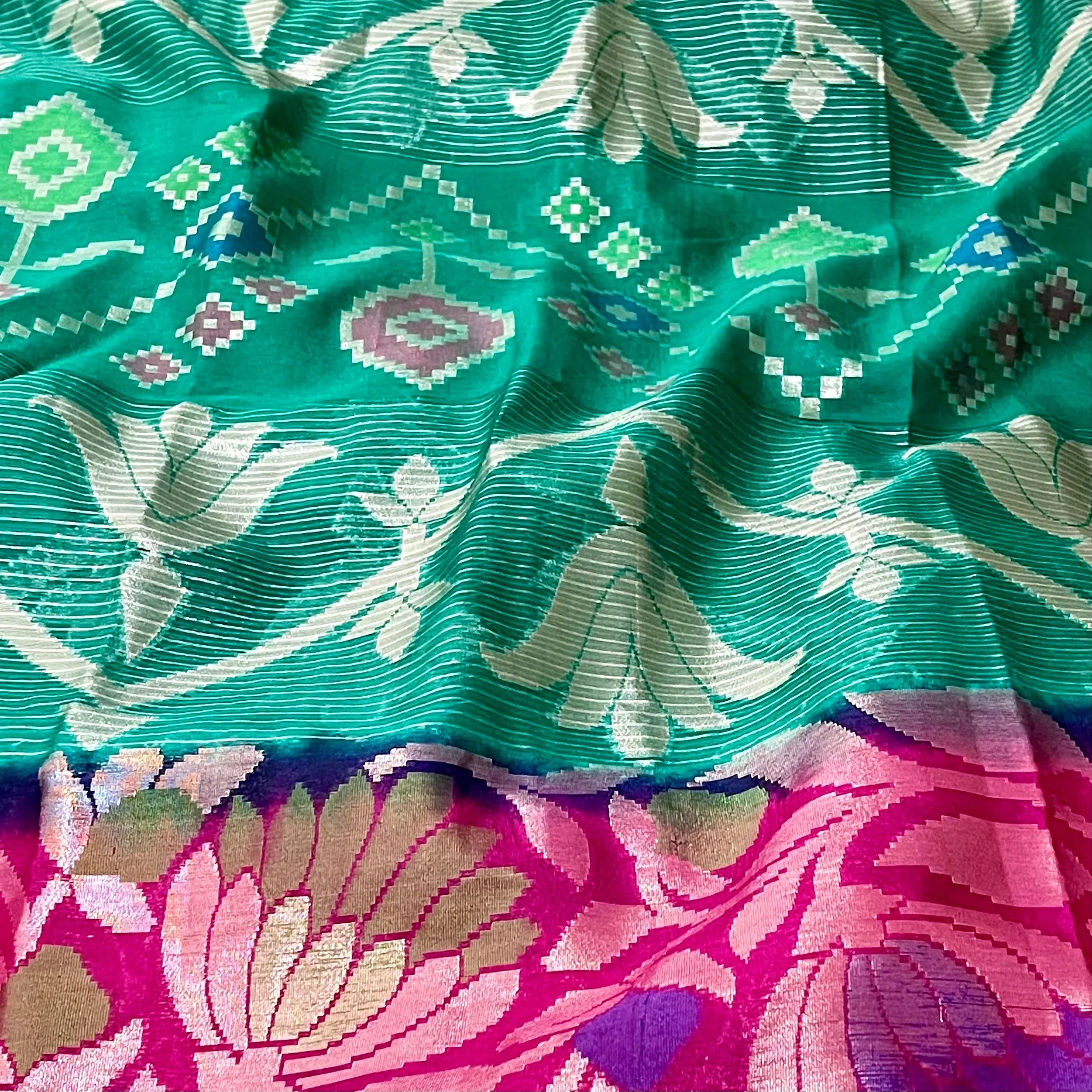 Green with Pink Designer Banarasi organza Saree with stitched blouse