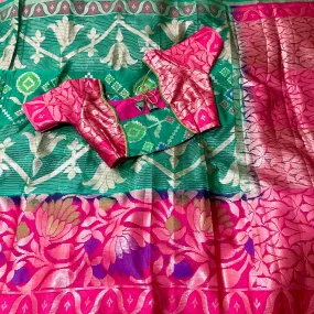 Green with Pink Designer Banarasi organza Saree with stitched blouse