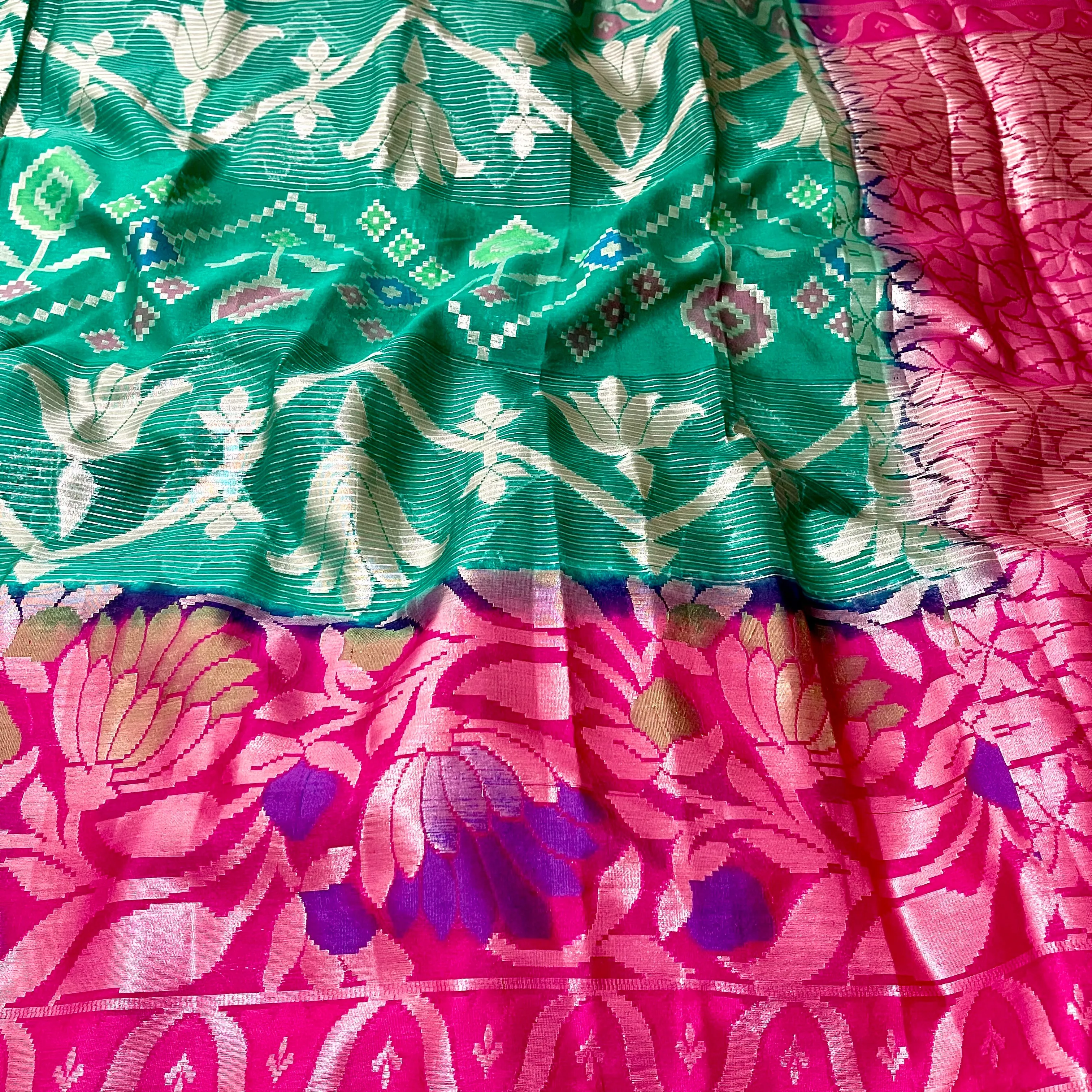 Green with Pink Designer Banarasi organza Saree with stitched blouse