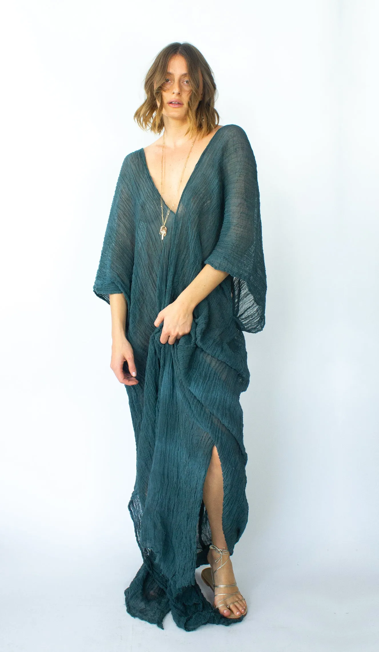 LAGOON GREEN COTTON GAUZE CAFTAN DRESS