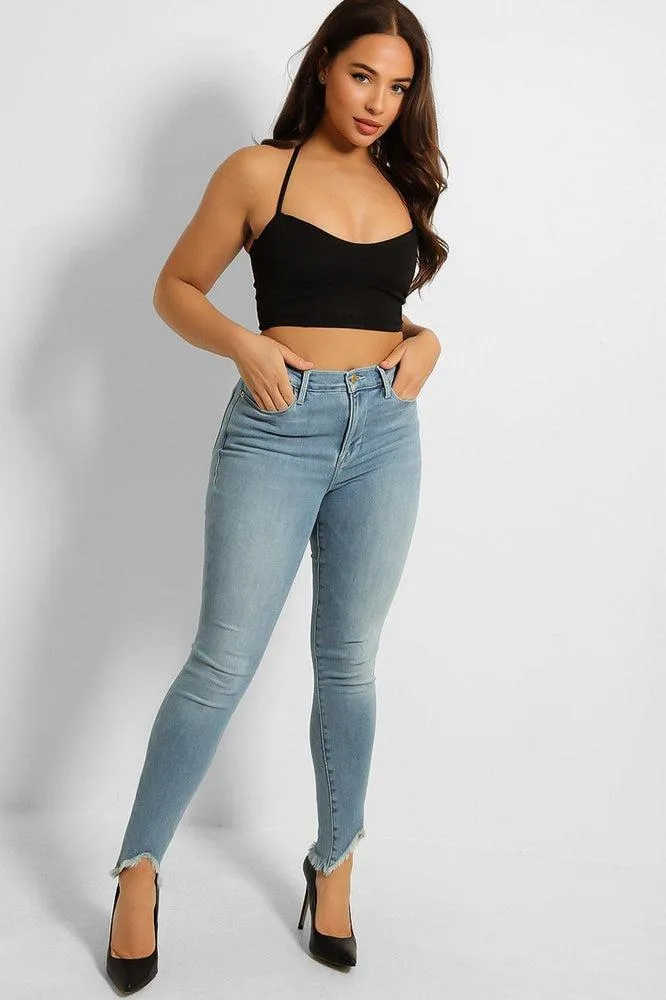 Light Blue Cut Out Fringed Hem Jeans