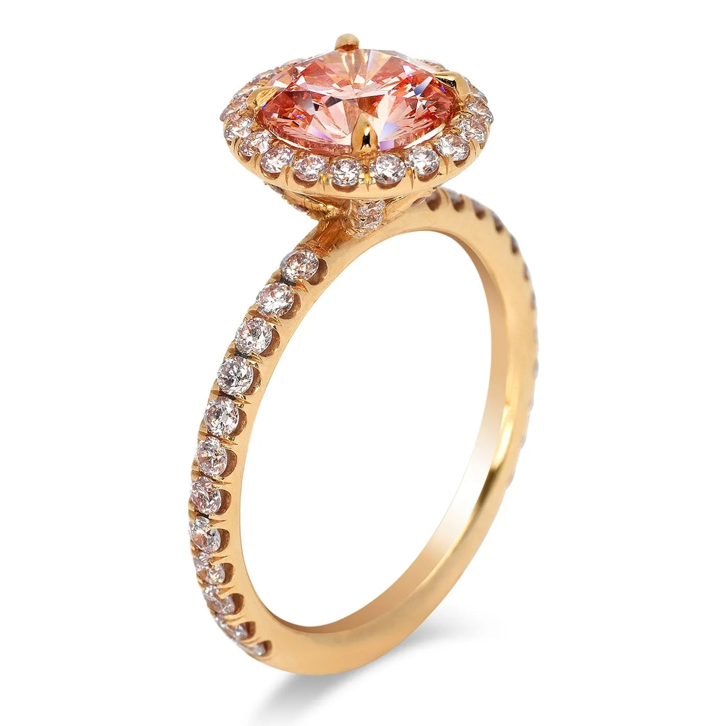 LUNE 2 CARAT FANCY INTENSE ORANGY PINK COLOR VVS1 CLARITY HALO DIAMOND ENGAGEMENT RING 18K ROSE GOLD GIA CERTIFIED 2 CT FIOP VVS1 BY MIKE NEKTA