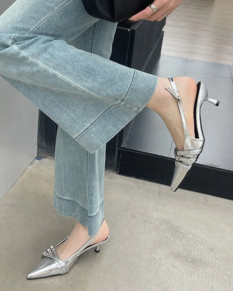 Metal Buckle Strap Patent Leather Kitten Heel Sandals