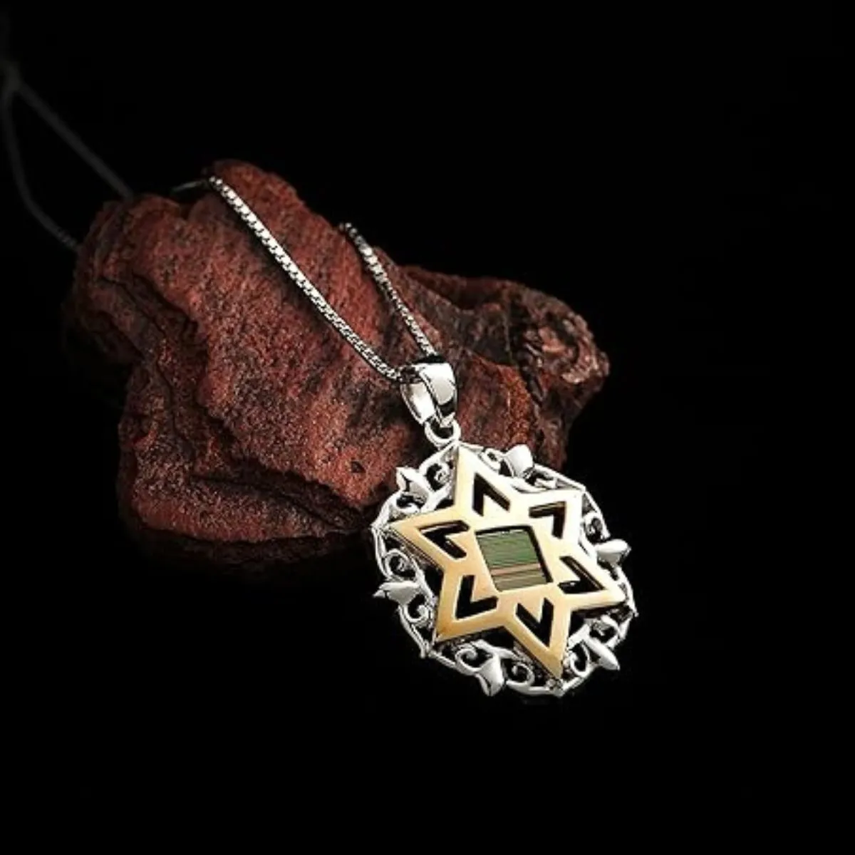 Nano Sim OB Silver and 9K Gold Pendant - Star of David with Floral Decorating From the Holy Land