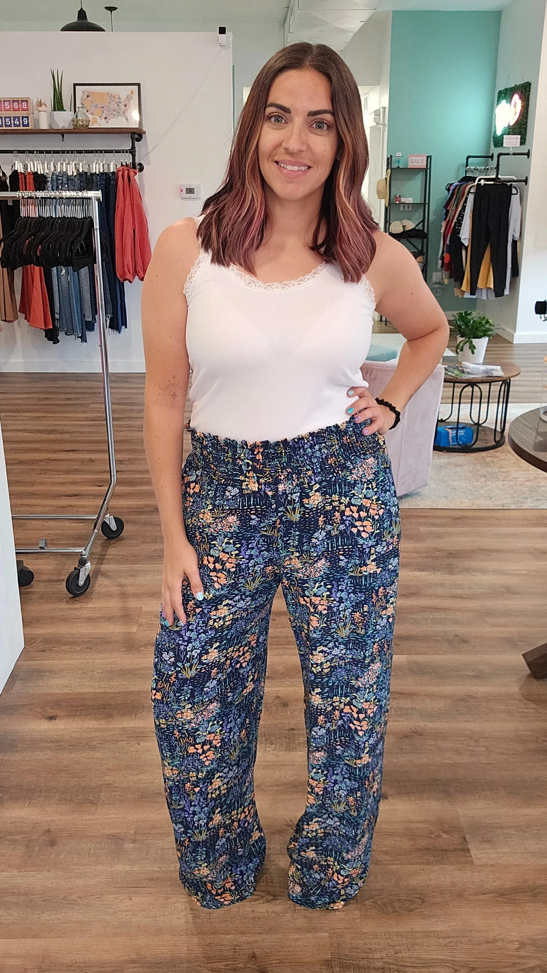 Navy Floral Smocked Palazzo Pants