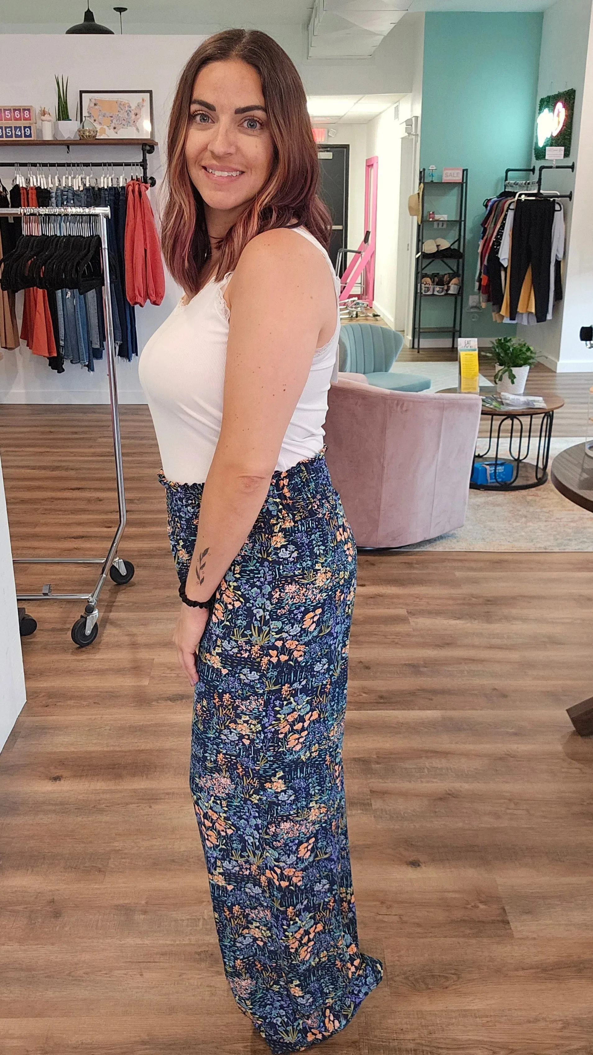 Navy Floral Smocked Palazzo Pants