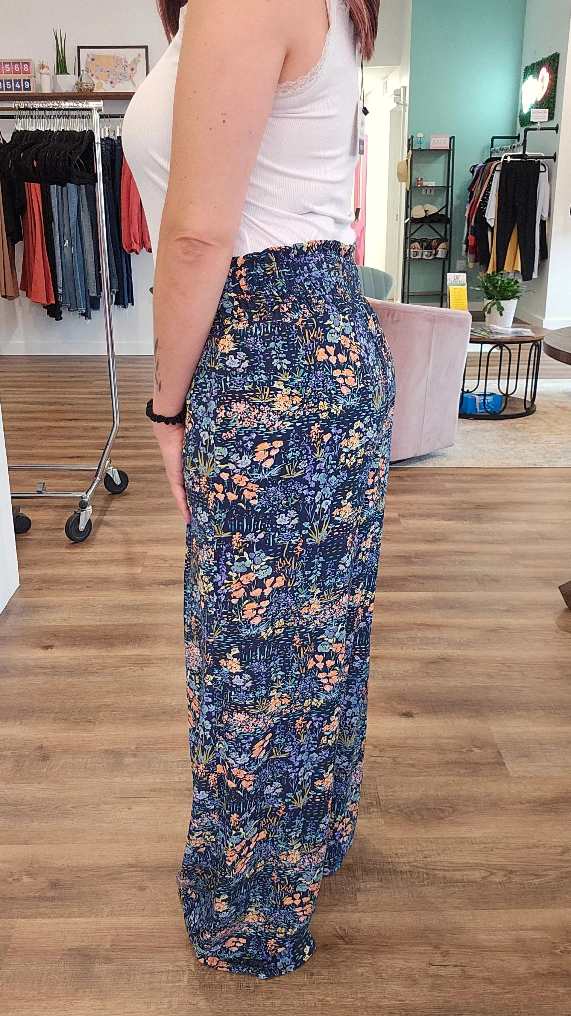 Navy Floral Smocked Palazzo Pants