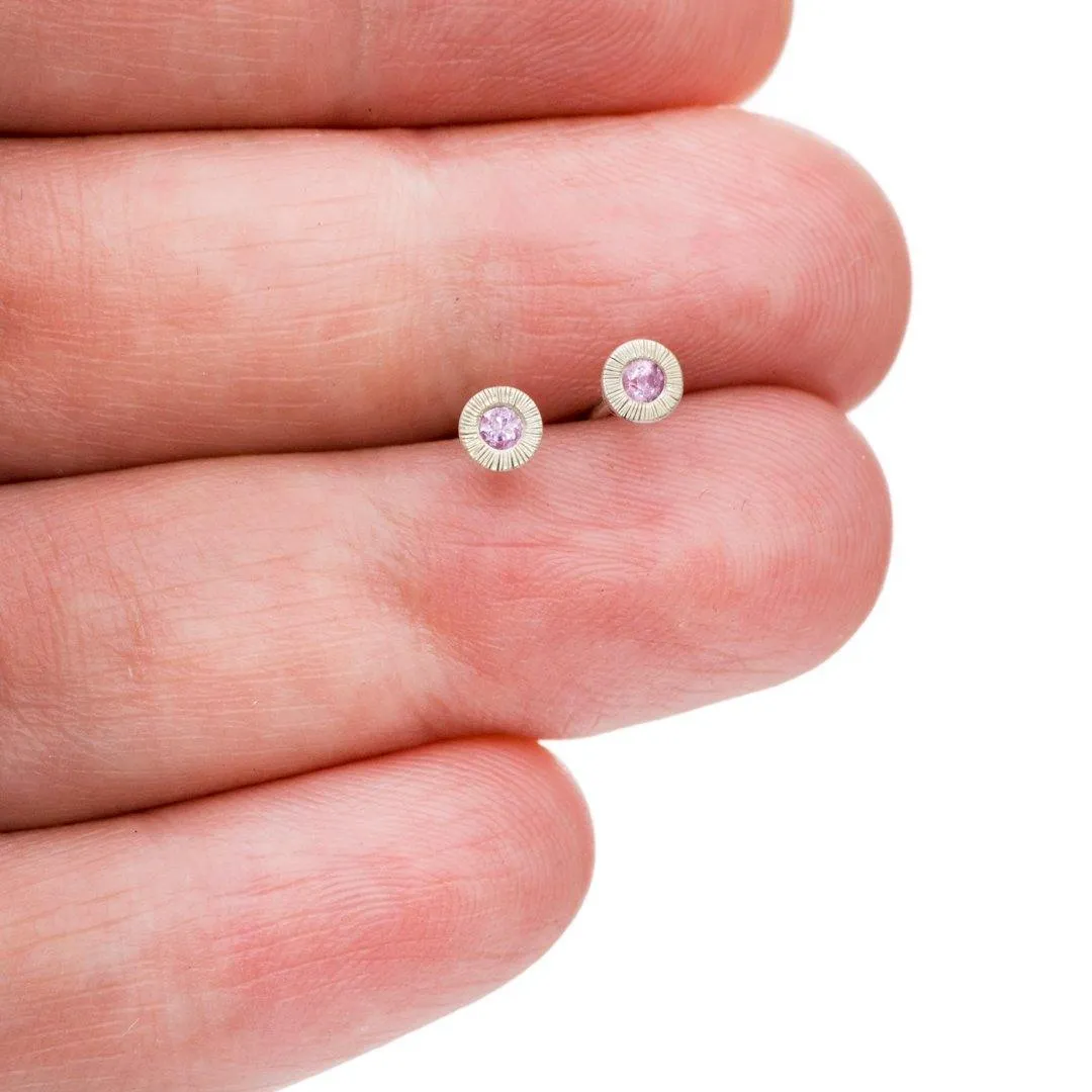 Pink Sapphire Tiny Textured Sterling Silver Stud Earrings, Ready to Ship