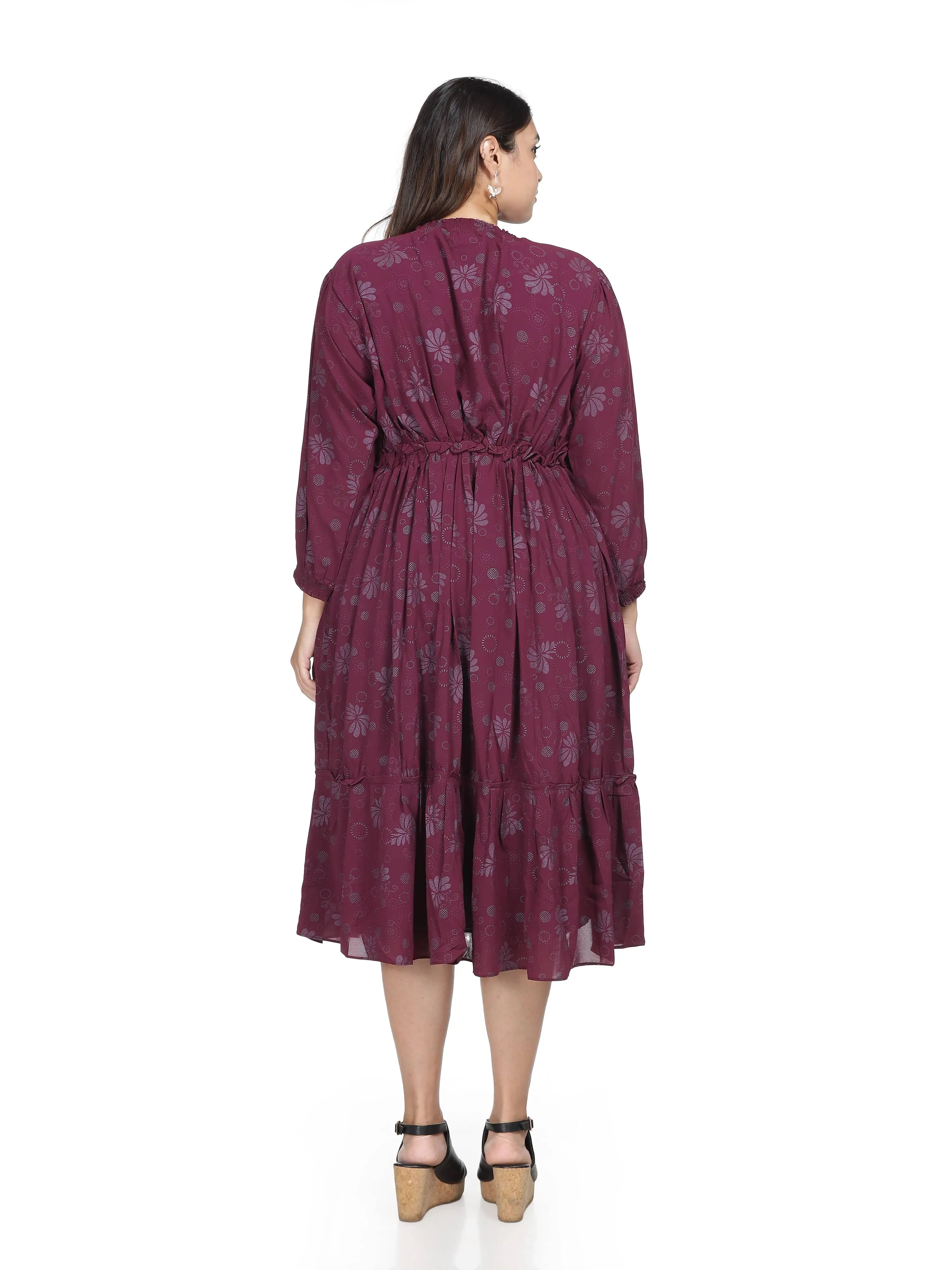 Polyester Floral Printed Dress Wine