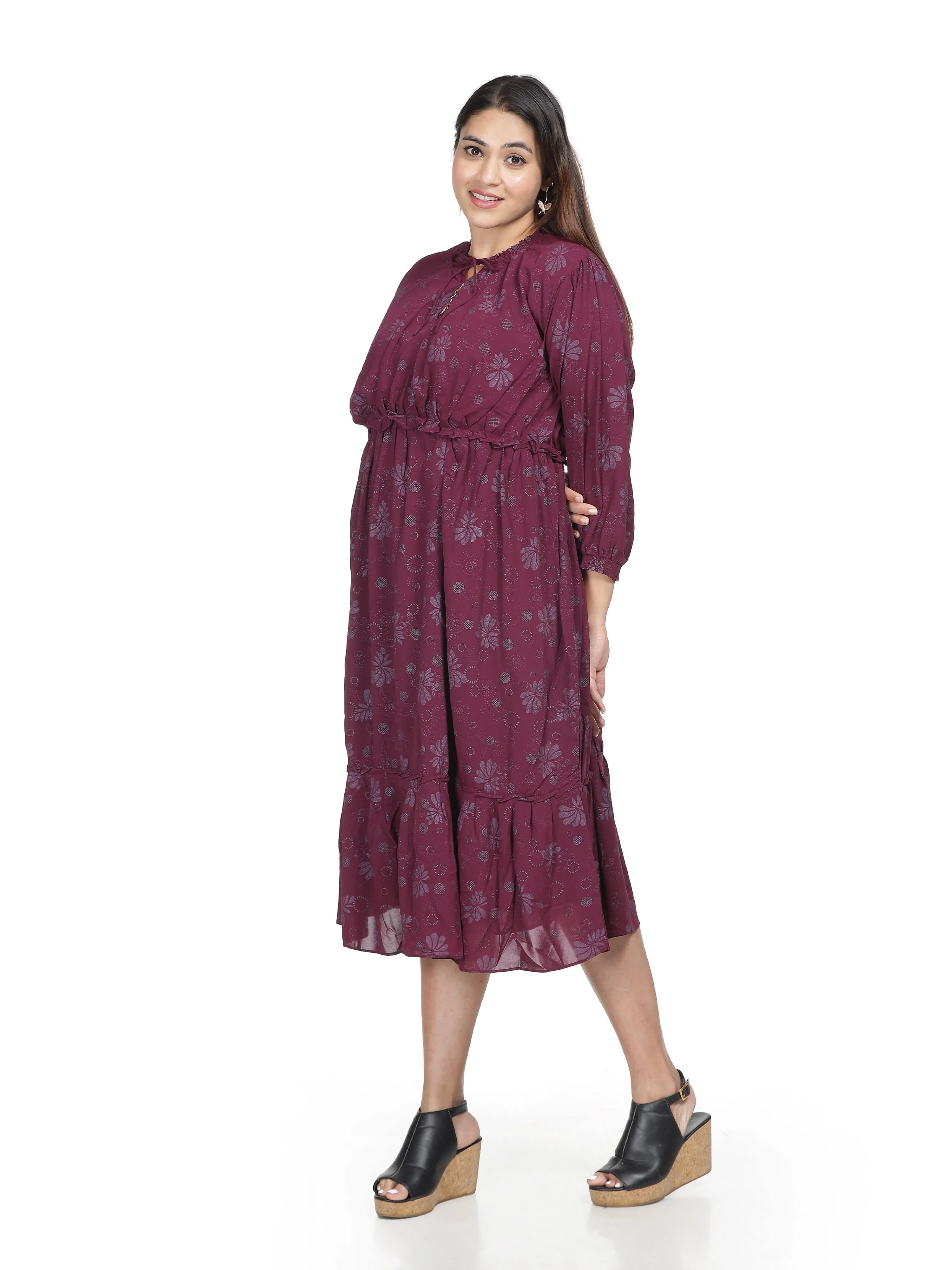 Polyester Floral Printed Dress Wine