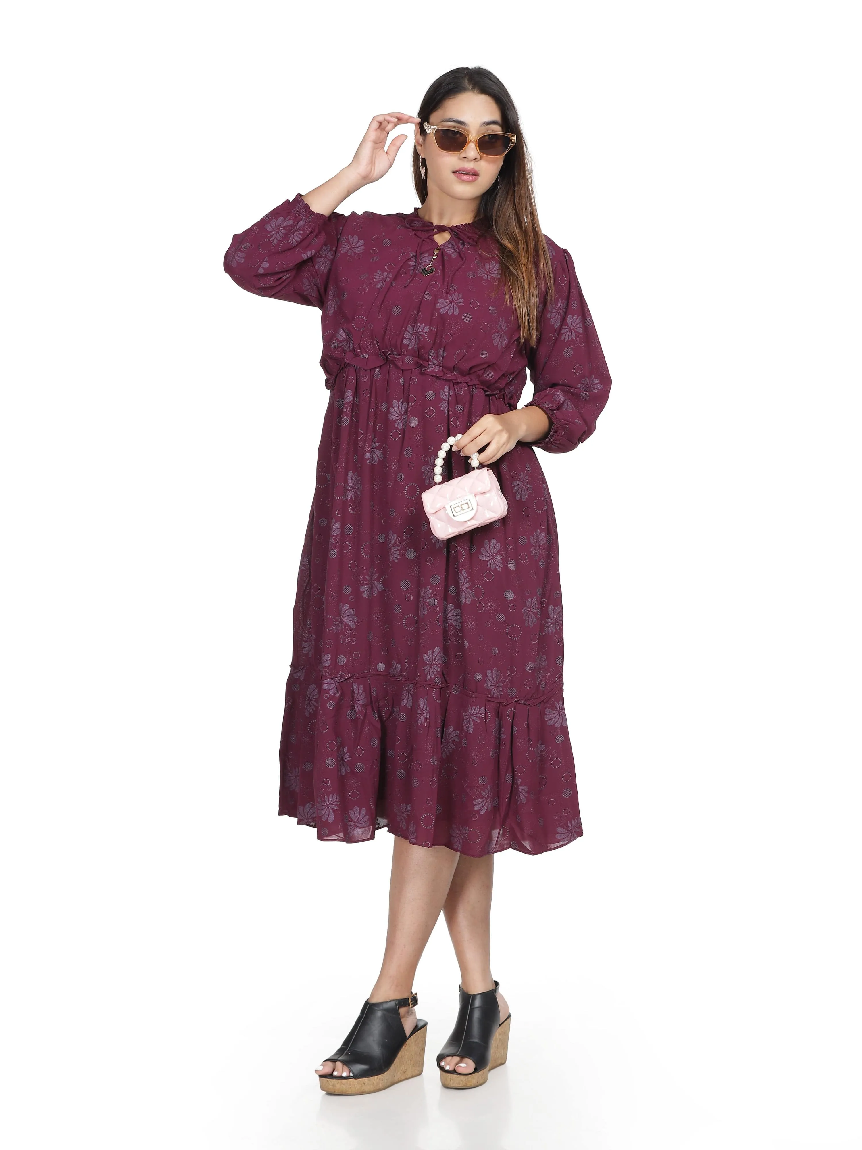 Polyester Floral Printed Dress Wine