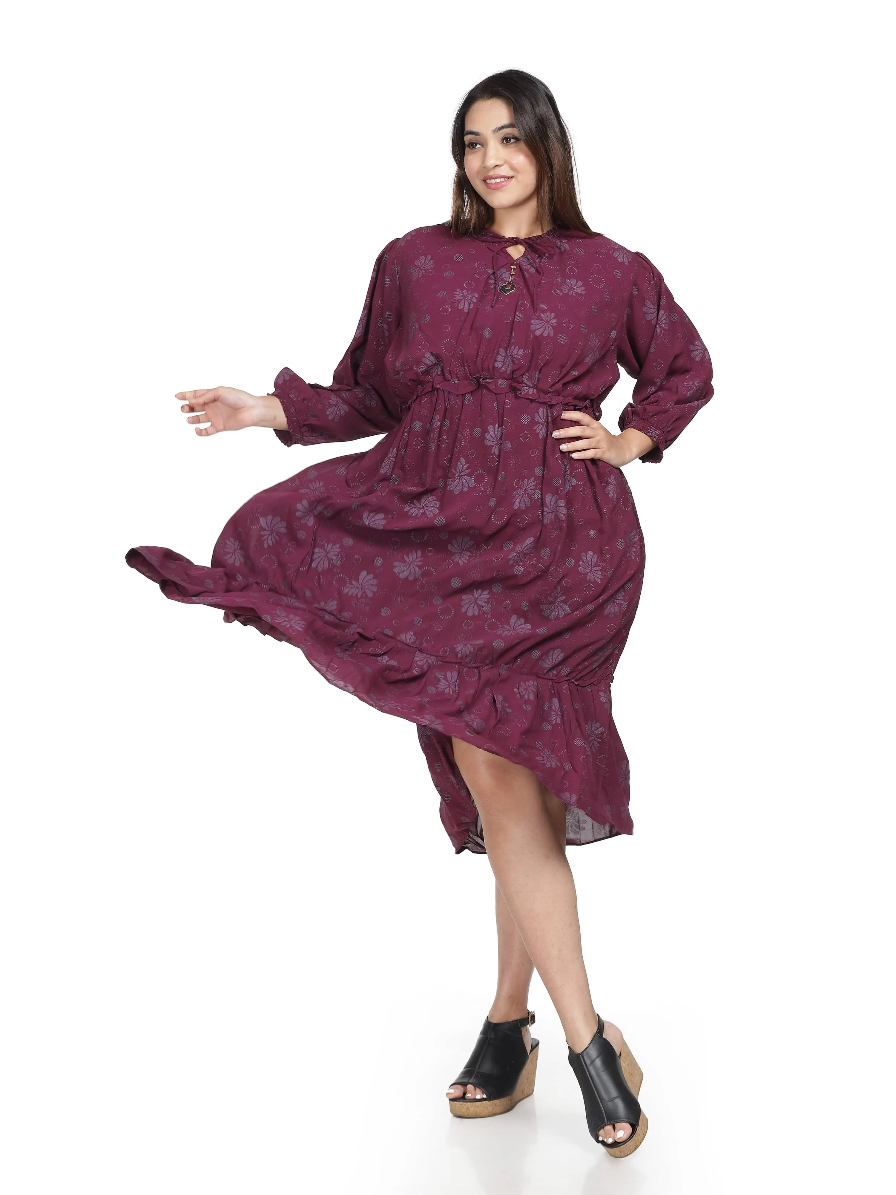 Polyester Floral Printed Dress Wine