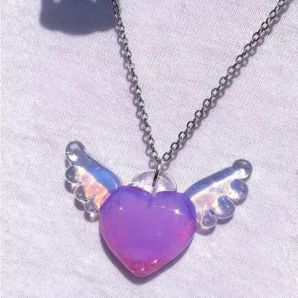 Pretty Pink Angel Heart with Wings Necklace Glass - Kimi