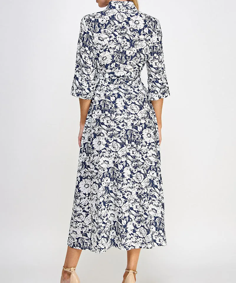 Printed Shirt Dress - Navy/White