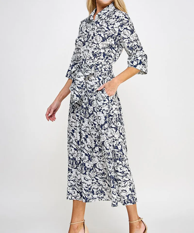 Printed Shirt Dress - Navy/White