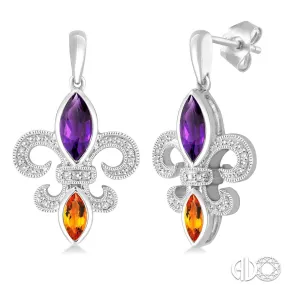 Silver Fleur De Lis Gemstone & Diamond Earrings, LSU Earrings