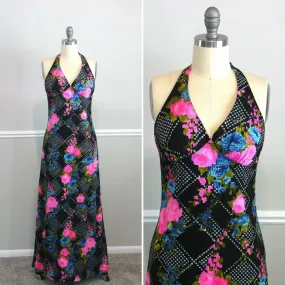 Vintage 1970s Maxi Dress / 70s black boho floral sundress VLV Size S